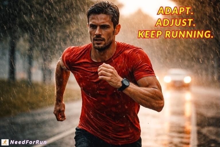 Runner training in heavy rain, illustrating mental resilience and adaptability during challenging running conditions
