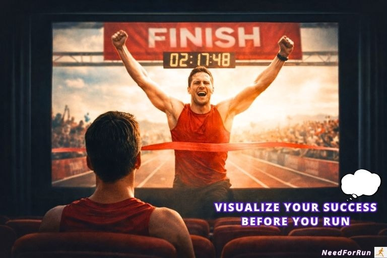 Runner visualizing race success in a theater scene, illustrating visualization techniques in mental training for runners