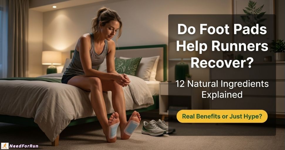 A female runner sitting on a bed at night using detox foot pads for recovery, featuring text that asks "Do Foot Pads Help Runners Recover?"