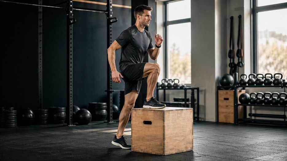 Runner performing step-ups on a plyometric box in a functional training gym