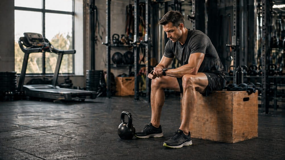 Runner sitting on a plyometric box in a gym, checking a fitness watch beside a kettlebell and treadmill