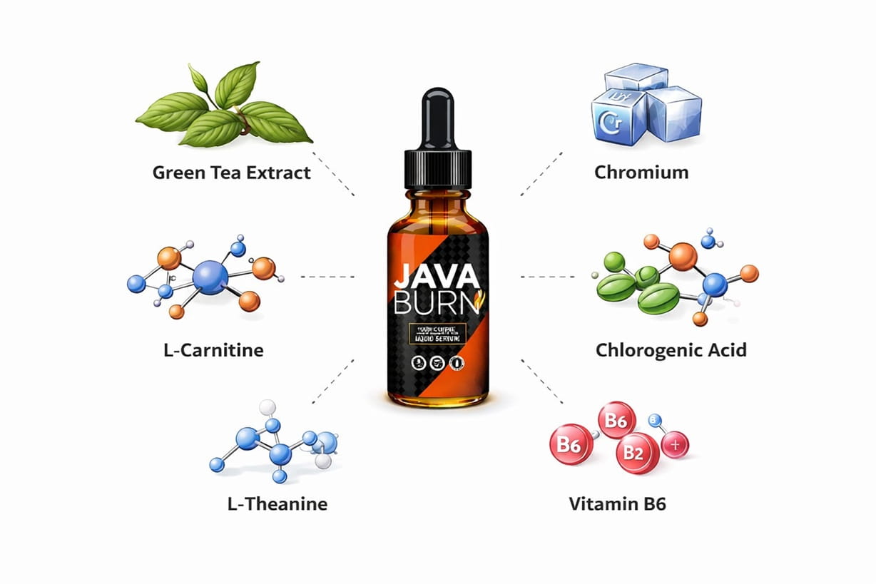 Infographic showing key ingredients commonly associated with the Java Burn coffee supplement serum formula, including green tea extract, chromium, L-carnitine, chlorogenic acid, L-theanine, and vitamin B6.