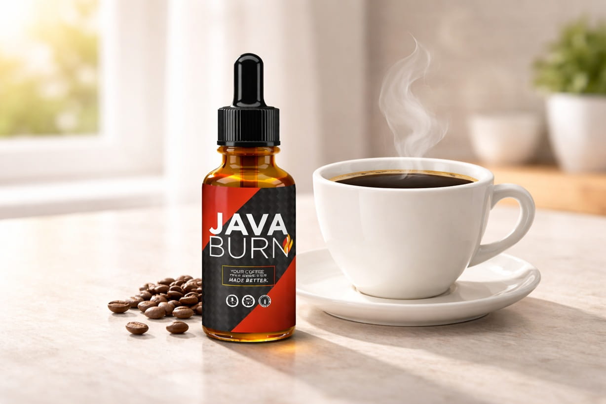 Java Burn coffee supplement serum bottle displayed beside a cup of black coffee on a clean countertop in a bright kitchen setting.