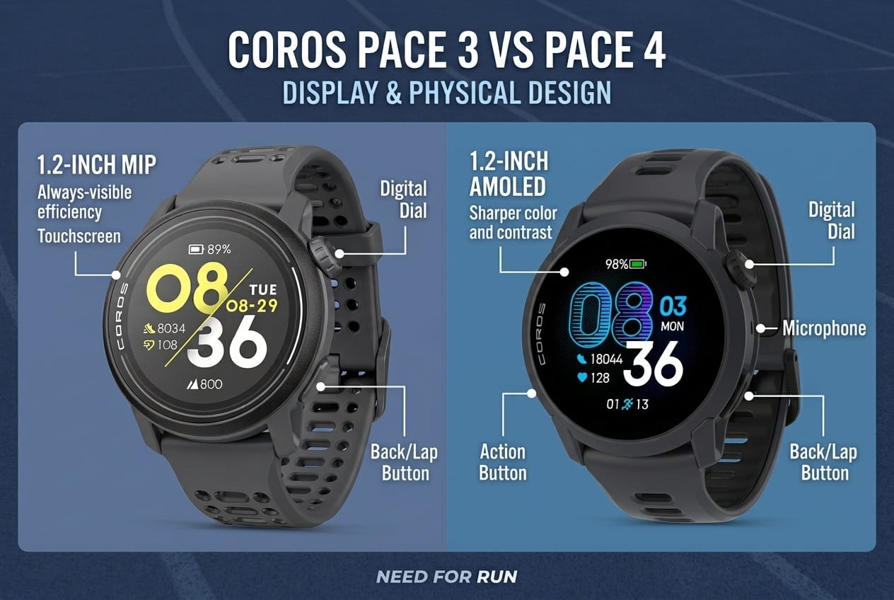 A side-by-side infographic comparing the physical design and display specs of the COROS PACE 3 (left) and COROS PACE 4 (right) GPS watches. The left panel shows the 1.2-inch MIP display and button layout, while the right panel highlights the 1.2-inch AMOLED display, button layout, and built-in microphone.