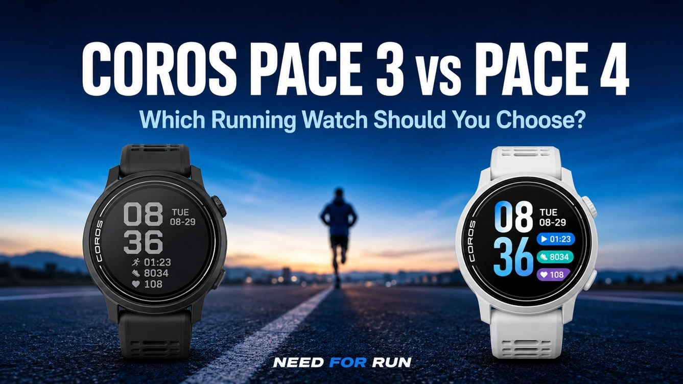 COROS PACE 3 and PACE 4 running watches displayed beside a runner on a road at sunrise.