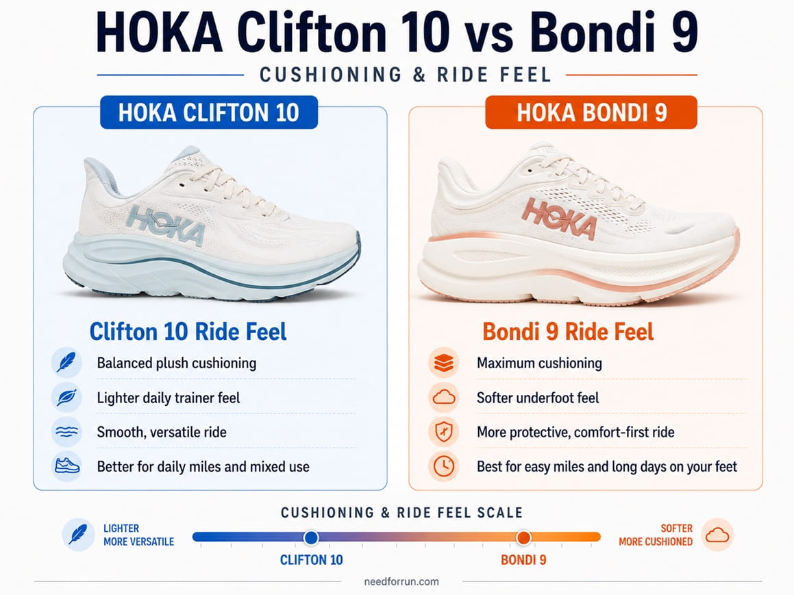 HOKA Clifton 10 vs Bondi 9 cushioning and ride feel comparison showing Clifton 10 as lighter and more versatile, and Bondi 9 as softer and more cushioned.