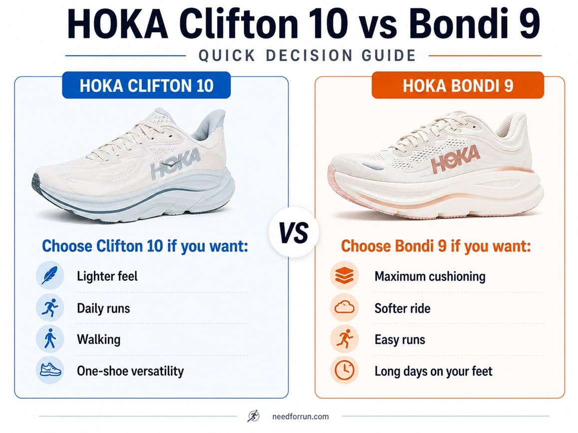 HOKA Clifton 10 vs Bondi 9 quick decision guide using accurate shoe images to compare lighter daily versatility with maximum-cushion comfort.