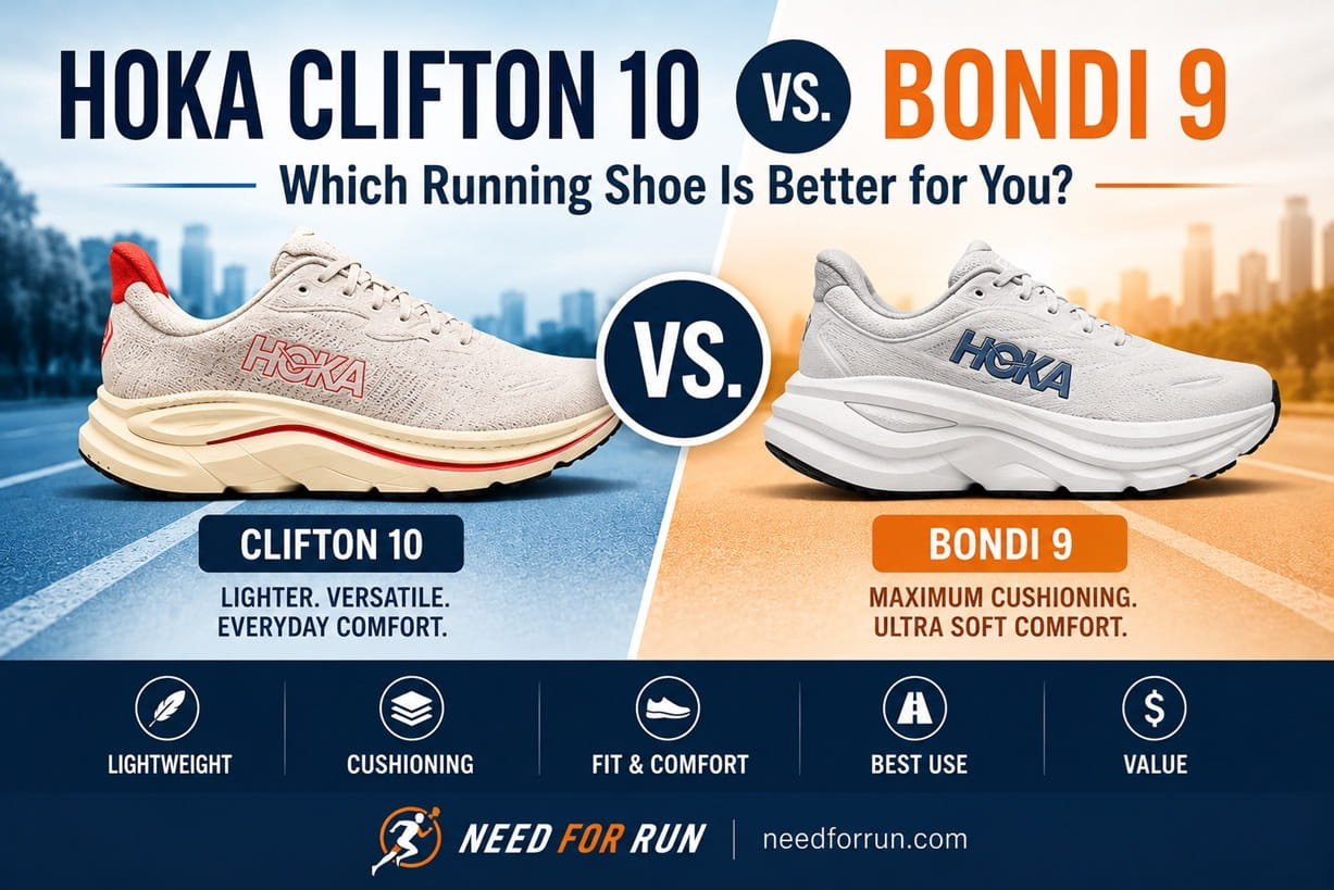 HOKA Clifton 10 vs Bondi 9 comparison image showing both running shoes side by side with key differences in weight, cushioning, fit, comfort, best use, and value.