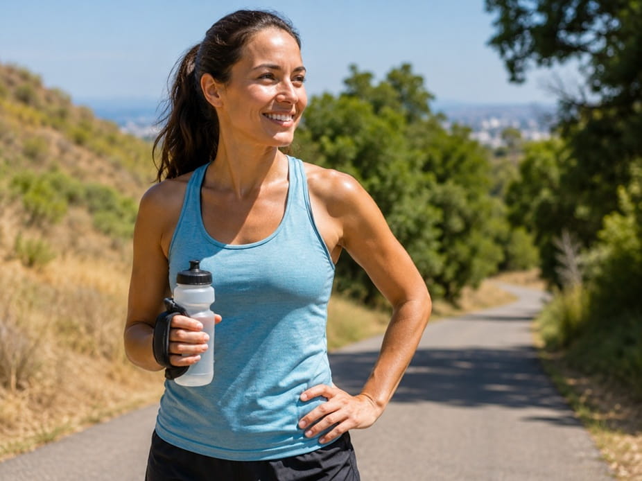 Woman runner holding a handheld water bottle during a hot weather run on a sunny trail