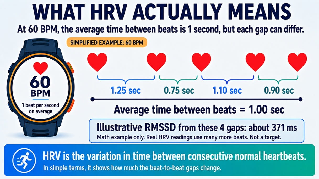 Infographic showing a simplified 60 BPM example with varying beat-to-beat intervals and an illustrative RMSSD calculation